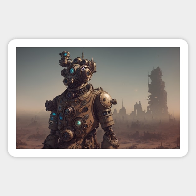 Steampunk style robot in post apocalyptic wasteland Sticker by newbeltane